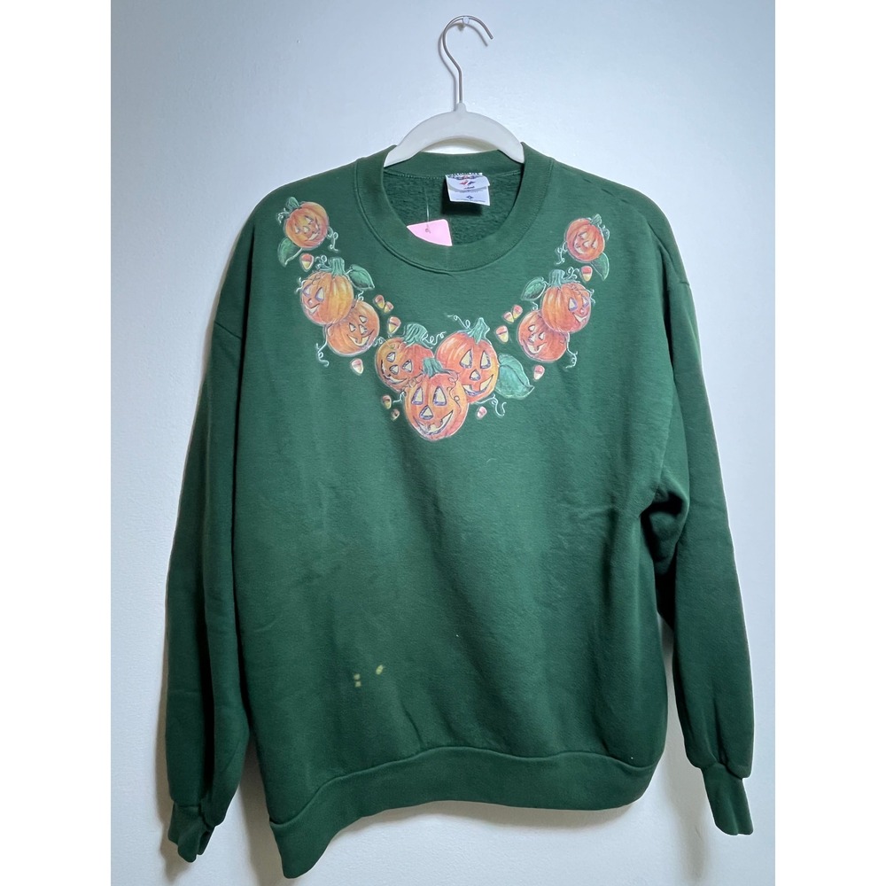 Vintage Jerzees Halloween Pumpkin Sweatshirt Green Made in USA Crewneck